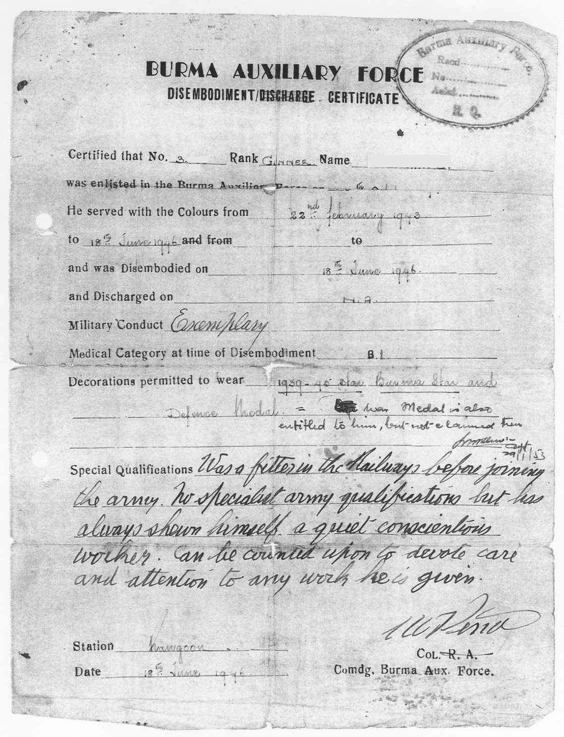 Disembodiment Certificate, Burma Auxiliary Force - June 1946.