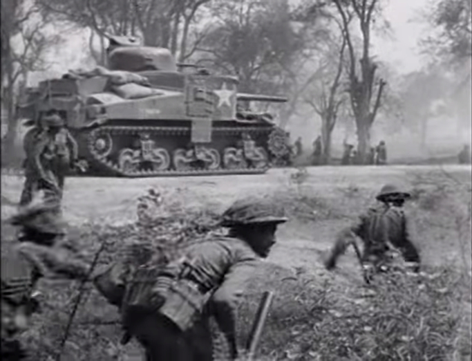 Lee tanks and infantry move up to attack Fort Dufferin, 10th March 1945